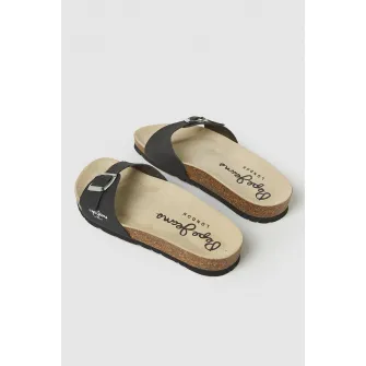 Pepe Jeans London, Papuci de piele ecologica cu catarama, Negru, 37