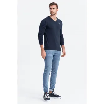 OMBRE, Bluza cu decolteu in V si detaliu logo, Bleumarin, L