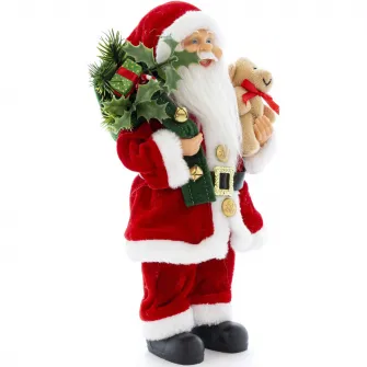 Figurina Mos Craciun Kring, 45 cm, cu sac de cadouri si ursulet, Rosu