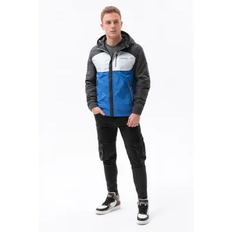 OMBRE, Geaca cu fermoar si model colorblock, Albastru, Gri inchis, 2XL
