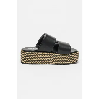 Blauer, Papuci wedge de piele ecologica Opal, Negru, Bej, 38