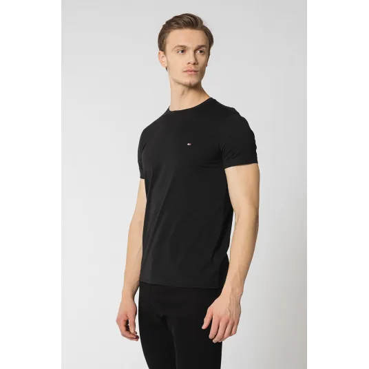 Tommy Hilfiger, Tricou slim fit cu decolteu la baza gatului, Negru, XL