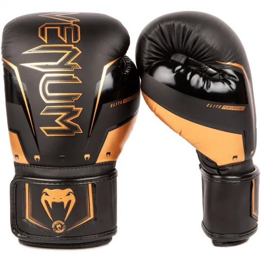 Manusi box VENUM Elite Evo pentru adulti, 12 oz, negru/bronz