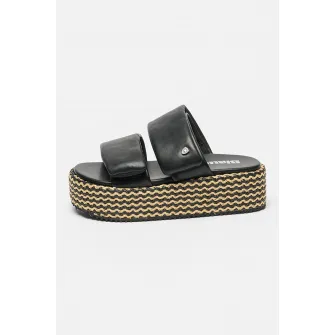 Blauer, Papuci wedge de piele ecologica Opal, Negru, Bej, 38