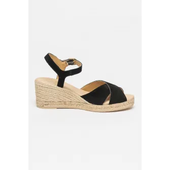 Geox, Sandale-espadrile de piele intoarsa cu talpa wedge Gelsa, Negru, Maro nisip, Maro taupe deschis, 39