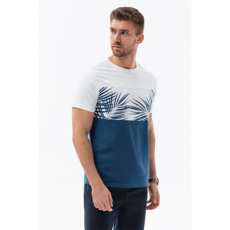 OMBRE, Tricou din bumbac cu imprimeu tropical, Alb, Albastru inchis, 2XL