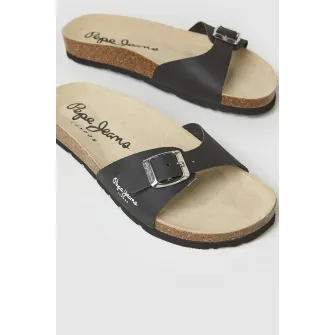 Pepe Jeans London, Papuci de piele ecologica cu catarama, Negru, 37