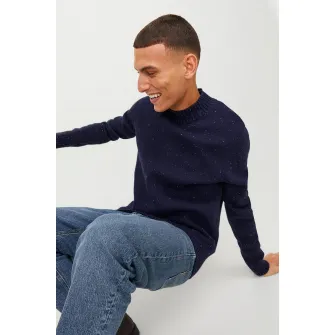 Jack & Jones, Pulover din tricot cu decolteu la baza gatului, Albastru marin, XL