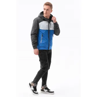 OMBRE, Geaca cu fermoar si model colorblock, Albastru, Gri inchis, 2XL