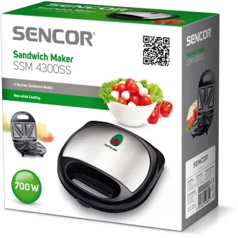 Sandwich-maker Sencor SSM 4300SS, 700 W, Capacitate 4 sandwich-uri, Control temperatura, Argintiu