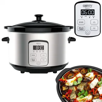 Multicooker, Camry, CR6414, Slow cooker, 270 W, 4.7 L, Afisaj LED, Cronometru, Functia De Mentinere La Cald, 2 Viteza De Cald, Argintiu/Negru