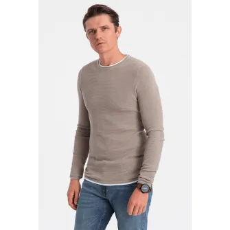 OMBRE, Pulover slim fit cu model uni, Bej, 2XL