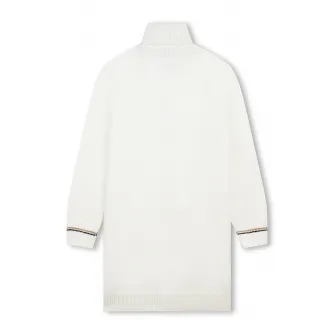 BOSS Kidswear, Rochie tricotata cu croiala dreapta, guler inalt si logo cu strasuri, Alb, 138 CM