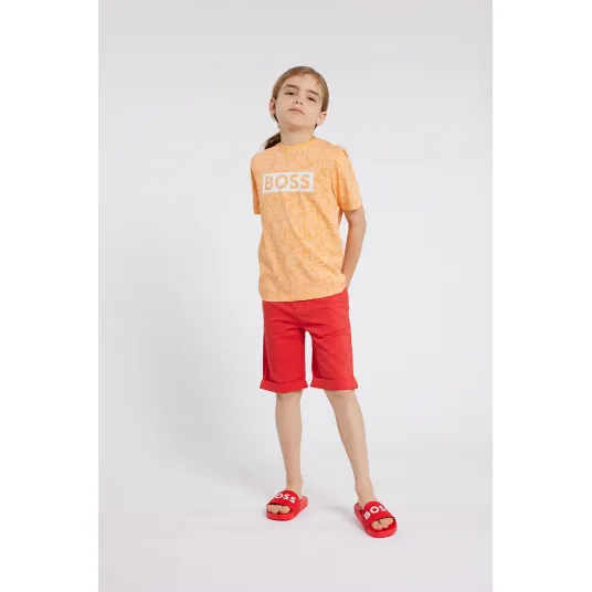 BOSS Kidswear, Tricou din bumbac cu imprimeu, Alb, Portocaliu, 126 CM