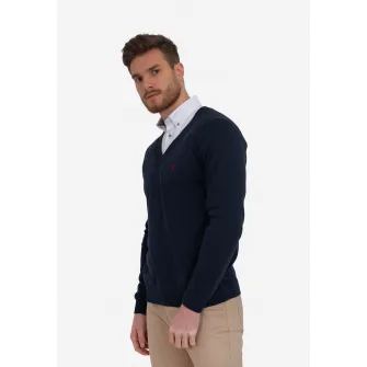 Sir Raymond Tailor, Pulover tricotat fin cu decolteu in V, Albastru ultramarin, L