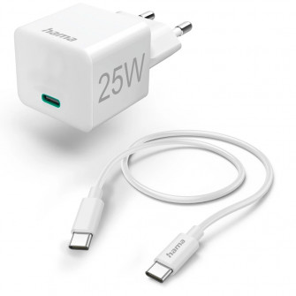 Mini-Incarcator retea Rapid Hama + Cablu de Incarcare USB-C, PD, 25 W, 1,5 m, alb