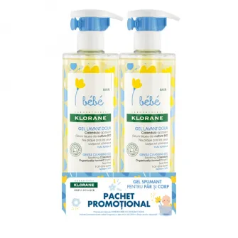Pachet Gel spumant pentru par si corp Klorane Bebe, 2x500 ml