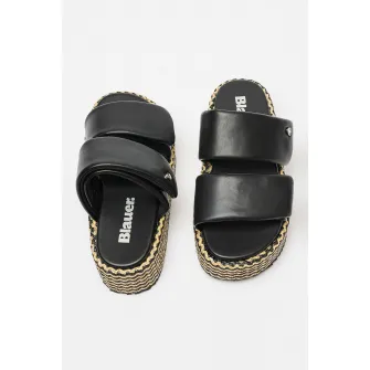 Blauer, Papuci wedge de piele ecologica Opal, Negru, Bej, 38