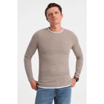 OMBRE, Pulover slim fit cu model uni, Bej, 2XL