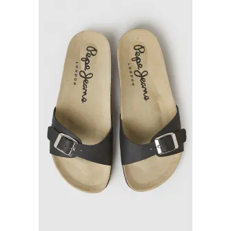Pepe Jeans London, Papuci de piele ecologica cu catarama, Negru, 37