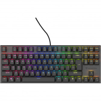Tastatura Mecanica Gaming cu fir Genesis THOR 303, Peach Silent OUTEMU Switch, Hot Swap, Tip TKL Compact Carry-On, FULL Anti-Ghosting, Software, Taste Iluminate RGB LED, Cablu Braided 1.8m, 2 Contacte Mecanice Suplimentare, Aluminiu,Negru