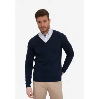 Sir Raymond Tailor, Pulover tricotat fin cu decolteu in V, Albastru ultramarin, L
