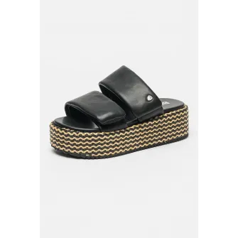 Blauer, Papuci wedge de piele ecologica Opal, Negru, Bej, 38