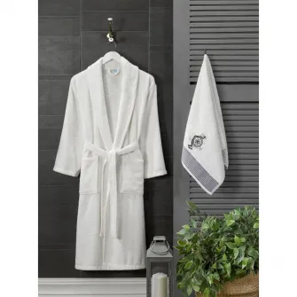 Set halat de baie Unisex si prosop Navy Mila Home, marime halat M, prosop 50x90 cm, 100% bumbac, 420 GSM, broderie, alb