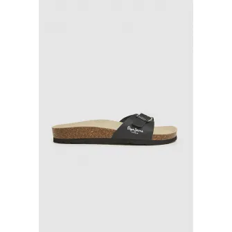 Pepe Jeans London, Papuci de piele ecologica cu catarama, Negru, 37