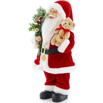 Figurina Mos Craciun Kring, 45 cm, cu sac de cadouri si ursulet, Rosu