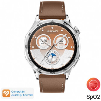 Smartwatch Huawei Watch GT 5, 46MM, Tarnish Stainless Steel Case, Brown Composite Leather Strap