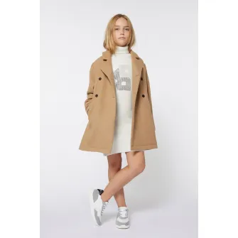 BOSS Kidswear, Rochie tricotata cu croiala dreapta, guler inalt si logo cu strasuri, Alb, 138 CM