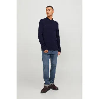 Jack & Jones, Pulover din tricot cu decolteu la baza gatului, Albastru marin, XL