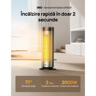 Aeroterma Dreo Solaris SH628, 2000W, Heater Ceramica, Termostat, Eco Mode, Functie Ventilator, Oscilatie 70°, Timer 12h, Silentios, Display LED, Telecomanda, Negru&Argintiu