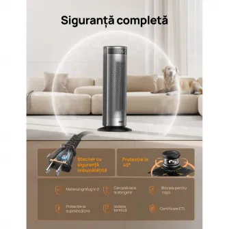 Aeroterma Dreo Solaris SH628, 2000W, Heater Ceramica, Termostat, Eco Mode, Functie Ventilator, Oscilatie 70°, Timer 12h, Silentios, Display LED, Telecomanda, Negru&Argintiu