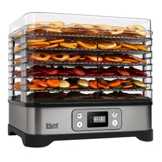 Aparat de deshidratat si uscat alimente iHunt Bro Dehydrator 3-in-1, 250W, 5 tavi, Termostat, Programare, Temperatura pana la 70 grade C, Grey