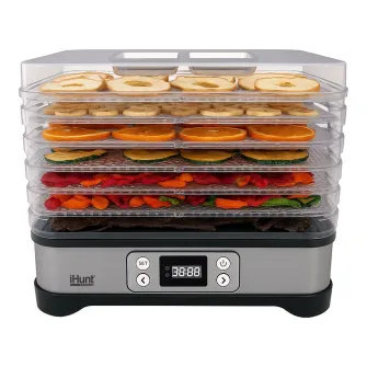 Aparat de deshidratat si uscat alimente iHunt Bro Dehydrator 3-in-1, 250W, 5 tavi, Termostat, Programare, Temperatura pana la 70 grade C, Grey