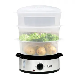 Aparat de gatit cu aburi iHunt Bro Food Steamer XXL 9L, 800 W, Timer 60 min, 3 Cosuri gatire, Protectie supraincalzire, Mentinere la cald, Indicator Apa, Silver
