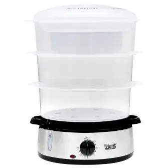 Aparat de gatit cu aburi iHunt Bro Food Steamer XXL 9L, 800 W, Timer 60 min, 3 Cosuri gatire, Protectie supraincalzire, Mentinere la cald, Indicator Apa, Silver
