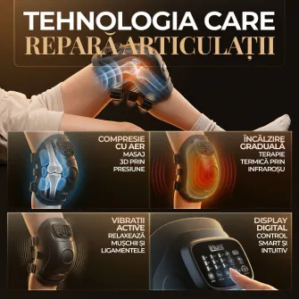 Aparat de masaj pentru genunchi si articulatii iHunt SPA KneeRestore, Compresie cu aer, Vibratii, Terapie prin caldura, Ecran Touch, Reincarcabil, Black