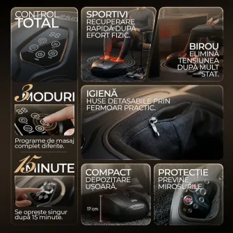 Aparat de masaj pentru picioare si talpi iHunt SPA FootRelax AirHeat, Reflexoterapie, Compresie cu perne de aer, Incalzire, Role masaj, Black