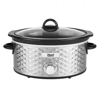 Aparat pentru gatit iHunt Bro Slow Cooker PRO, 220W, 4.25L, Vas Ceramic, Carcasa Premium Inox, Capac cu Geam Securizat Transparent, Silver