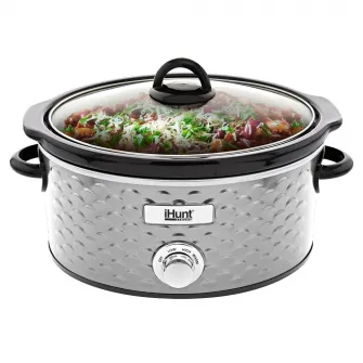 Aparat pentru gatit iHunt Bro Slow Cooker PRO, 220W, 4.25L, Vas Ceramic, Carcasa Premium Inox, Capac cu Geam Securizat Transparent, Silver