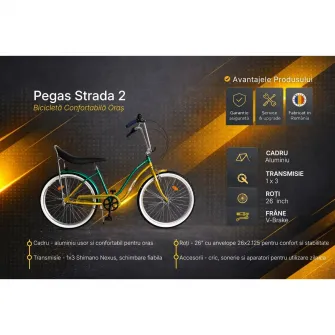Bicicleta Oras Pegas Strada 2 26 Inch M Auriu/Verde, Cadru Aluminiu, Shimano Nexus 3 Viteze, Frane V-Brake