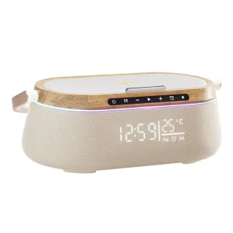 Boxa Multifunctionala iHunt BedSide 9 in 1, Bluetooth 5.4, Wireless Charger 15W, Ceas & Alarma, Iluminare RGB, 1800mAh, Wood Design