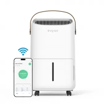 Dezumidificator Evoair, NovaDry 12 Smart, 12l/24h, Senzor de Umiditate, Functie Ionizare, Uscare Rufe, Rezervor 2.5l, Lampa UVC, Alb, Curea Maro