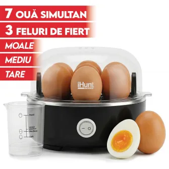 Fierbator de oua iHunt BRO Egg Boiler, 350W, capacitate 7 oua, 3 moduri de fiert, baza inox, oprire automata, tavite ochiuri/omleta, BPA Free