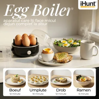Fierbator de oua iHunt BRO Egg Boiler, 350W, capacitate 7 oua, 3 moduri de fiert, baza inox, oprire automata, tavite ochiuri/omleta, BPA Free