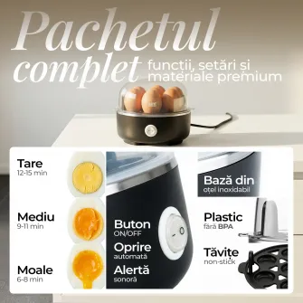 Fierbator de oua iHunt BRO Egg Boiler, 350W, capacitate 7 oua, 3 moduri de fiert, baza inox, oprire automata, tavite ochiuri/omleta, BPA Free