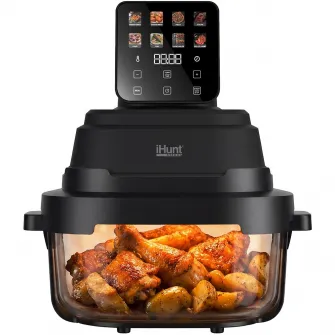 Friteuza cu aer cald fara ulei iHunt PureGlass Crisp 8 in 1, Sistem din Sticla Borosilicata, 1500W, 2 Vase Modulare 4L + 1.5L cu Capace de Sigilare, Vedere si Circulatie 360° a Aerului Cald, Compact, Compatibil cu Masina Spalat Vase, Black